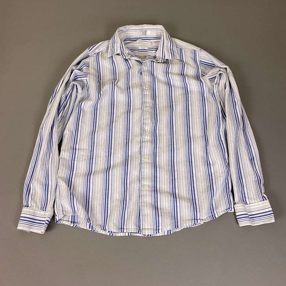 Calvin Klein Button Down Shirt Boys Size 20 Slim Fit Blue White Striped Long Slv